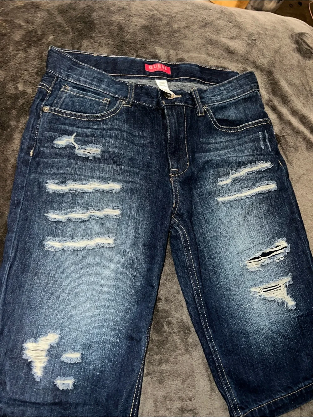 Guess Men's Distressed Dark Blue Denim Shorts